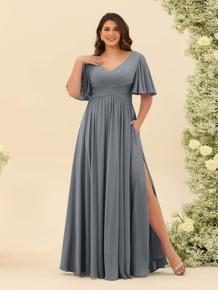 Plus Size Chiffon Bridesmaid Dress with V-Neck and Side Split in A-Line Cut