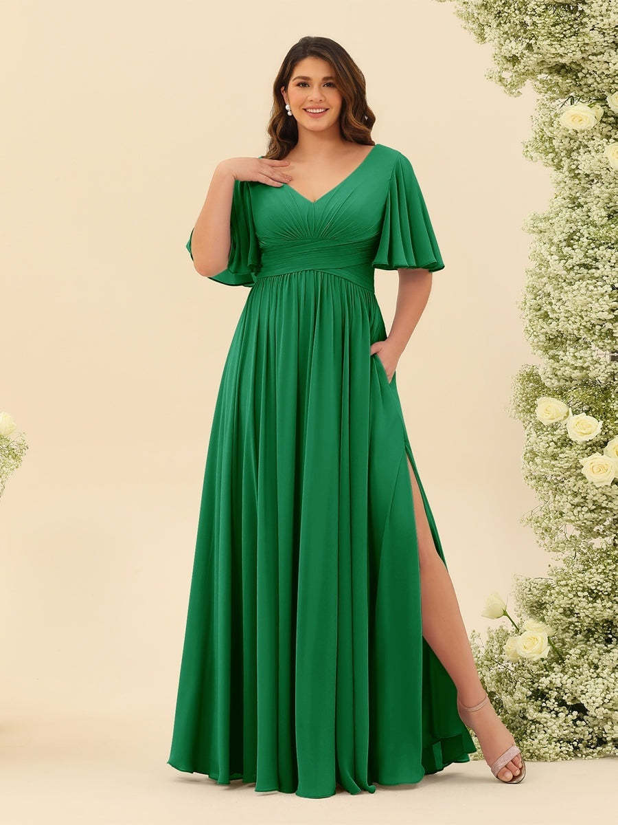 Plus Size Chiffon Bridesmaid Dress with V-Neck and Side Split in A-Line Cut