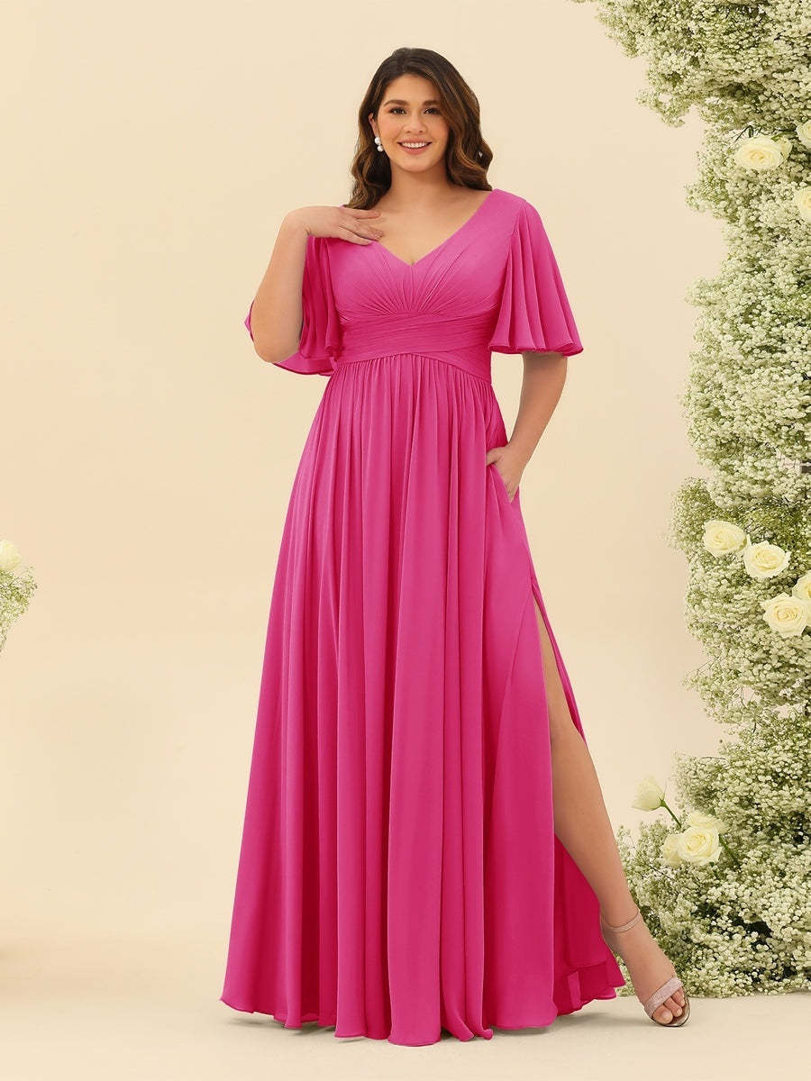 Plus Size Chiffon Bridesmaid Dress with V-Neck and Side Split in A-Line Cut