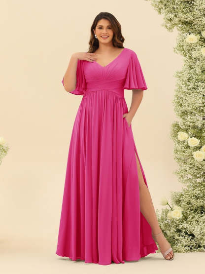 Plus Size Chiffon Bridesmaid Dress with V-Neck and Side Split in A-Line Cut