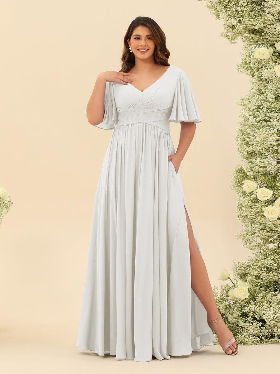 Plus Size Chiffon Bridesmaid Dress with V-Neck and Side Split in A-Line Cut