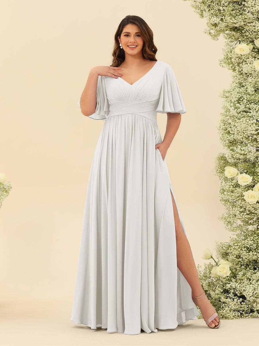 Plus Size Chiffon Bridesmaid Dress with V-Neck and Side Split in A-Line Cut