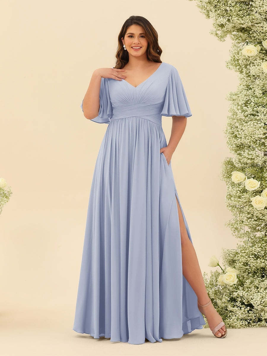 Plus Size Chiffon Bridesmaid Dress with V-Neck and Side Split in A-Line Cut