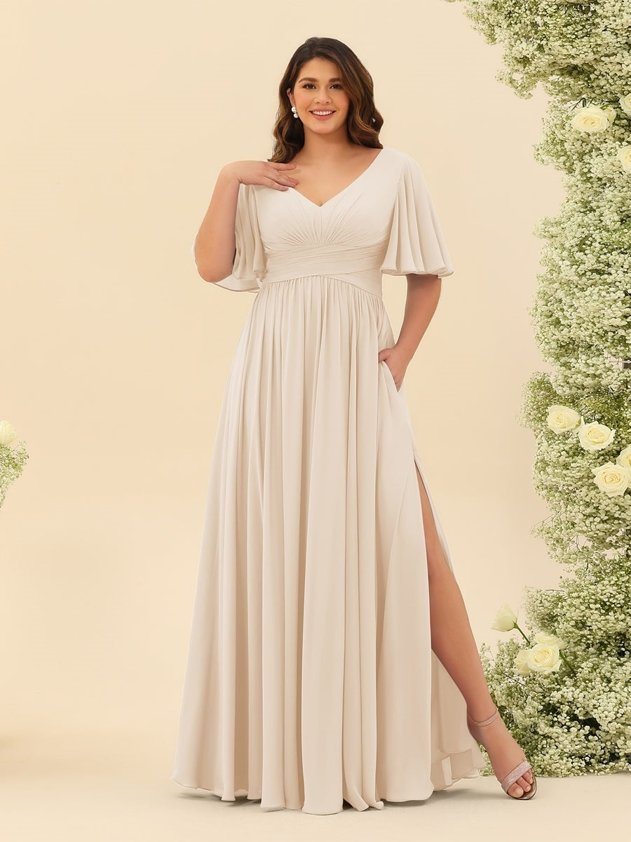 Plus Size Chiffon Bridesmaid Dress with V-Neck and Side Split in A-Line Cut