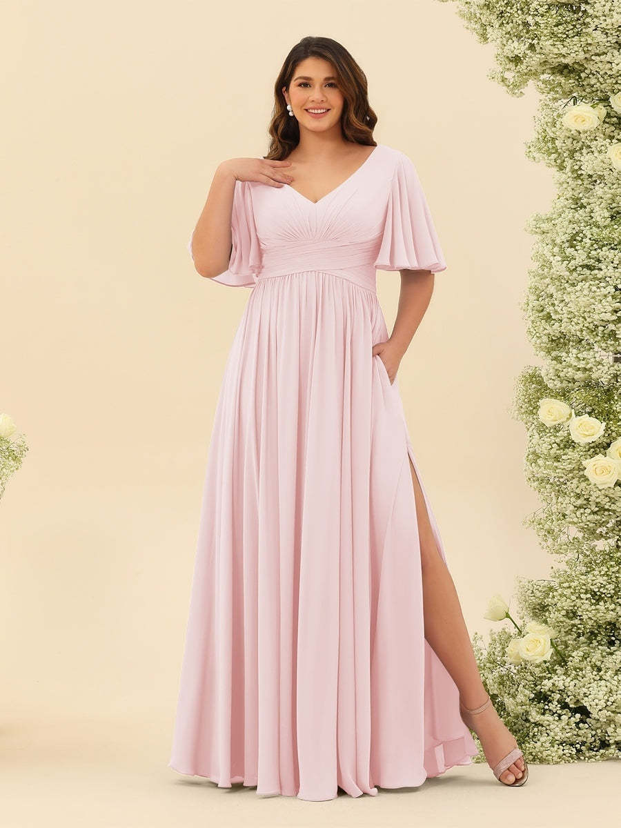 Plus Size Chiffon Bridesmaid Dress with V-Neck and Side Split in A-Line Cut
