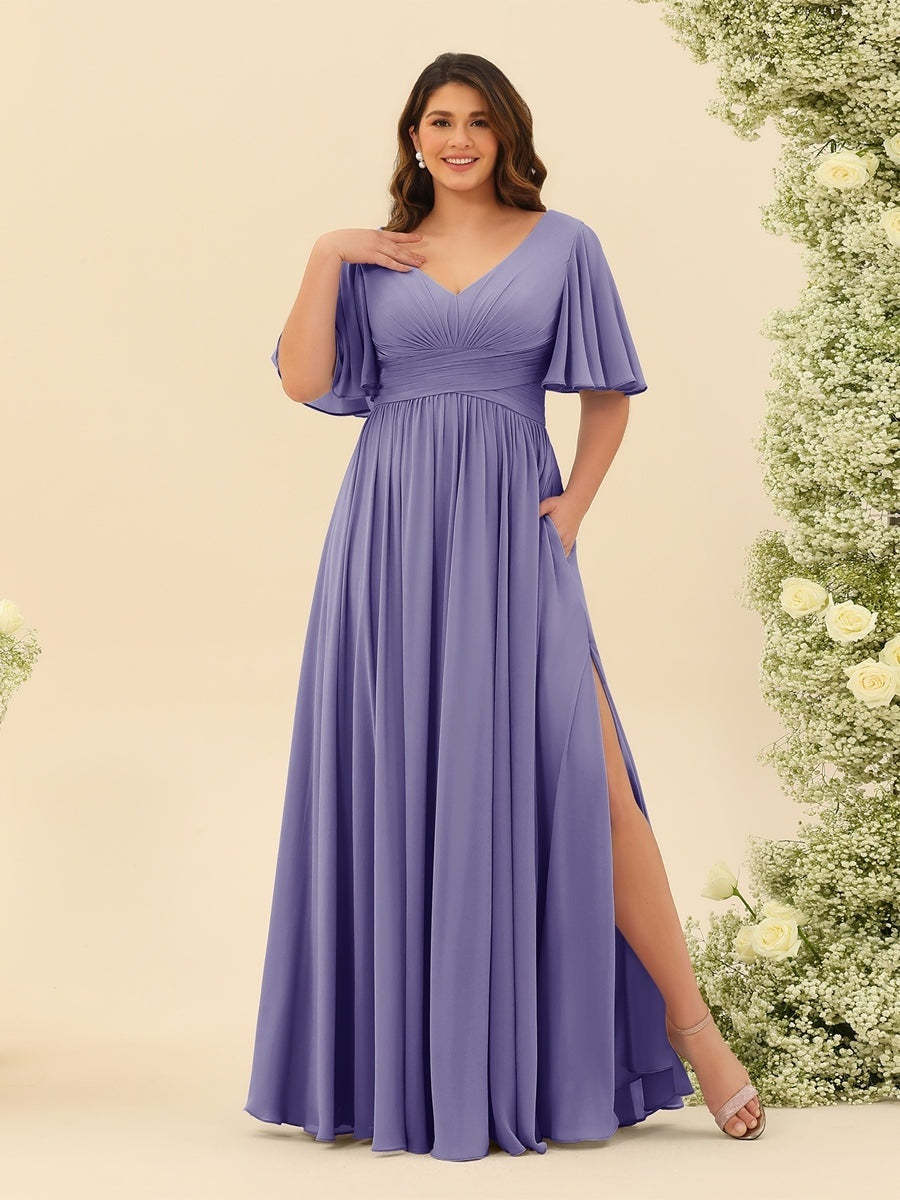 Plus Size Chiffon Bridesmaid Dress with V-Neck and Side Split in A-Line Cut