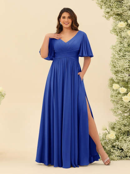 Plus Size Chiffon Bridesmaid Dress with V-Neck and Side Split in A-Line Cut