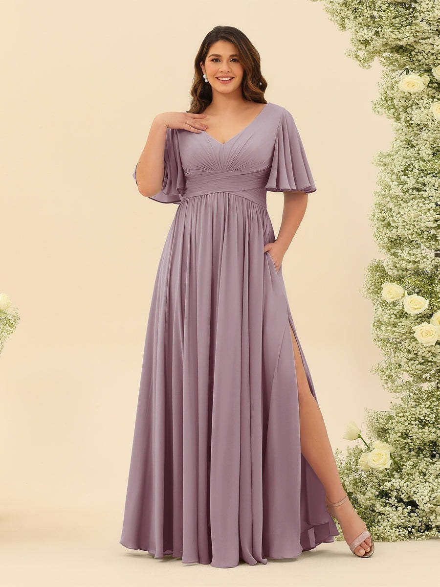 Plus Size Chiffon Bridesmaid Dress with V-Neck and Side Split in A-Line Cut