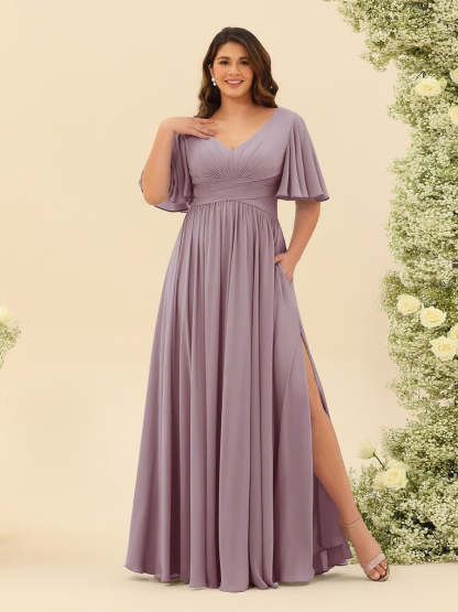 Plus Size Chiffon Bridesmaid Dress with V-Neck and Side Split in A-Line Cut