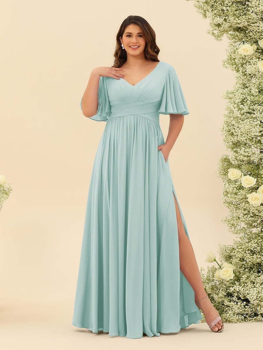 Plus Size Chiffon Bridesmaid Dress with V-Neck and Side Split in A-Line Cut