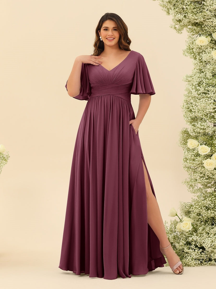 Plus Size Chiffon Bridesmaid Dress with V-Neck and Side Split in A-Line Cut