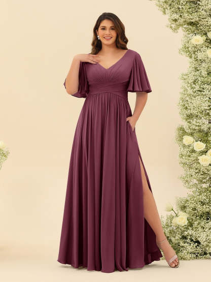 Plus Size Chiffon Bridesmaid Dress with V-Neck and Side Split in A-Line Cut