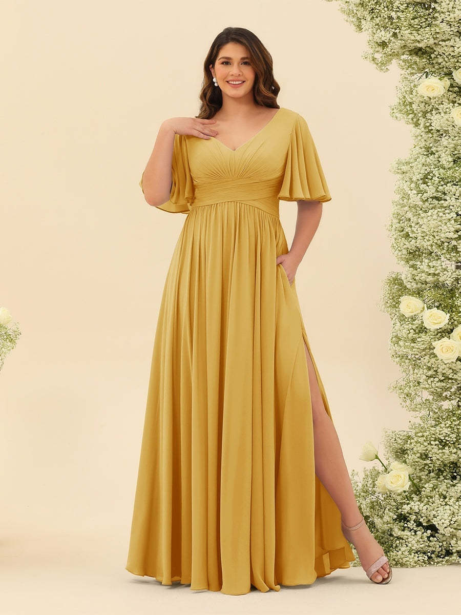 Plus Size Chiffon Bridesmaid Dress with V-Neck and Side Split in A-Line Cut