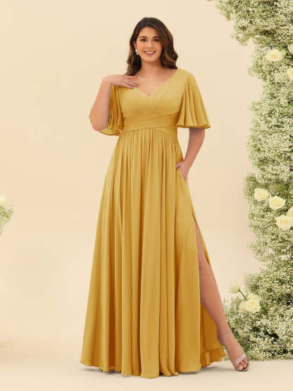 Plus Size Chiffon Bridesmaid Dress with V-Neck and Side Split in A-Line Cut