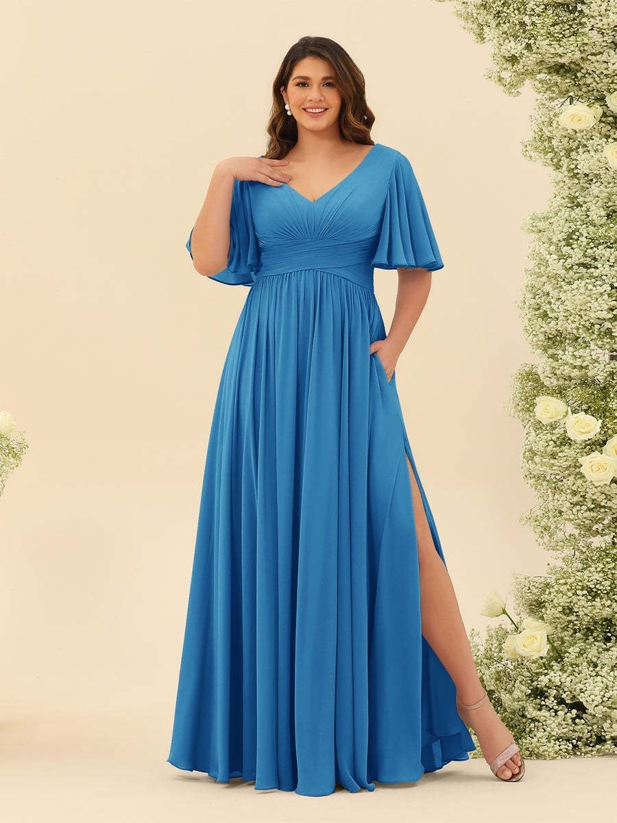 Plus Size Chiffon Bridesmaid Dress with V-Neck and Side Split in A-Line Cut