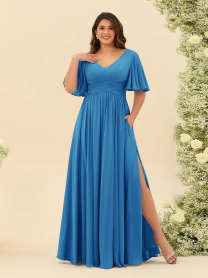 Plus Size Chiffon Bridesmaid Dress with V-Neck and Side Split in A-Line Cut