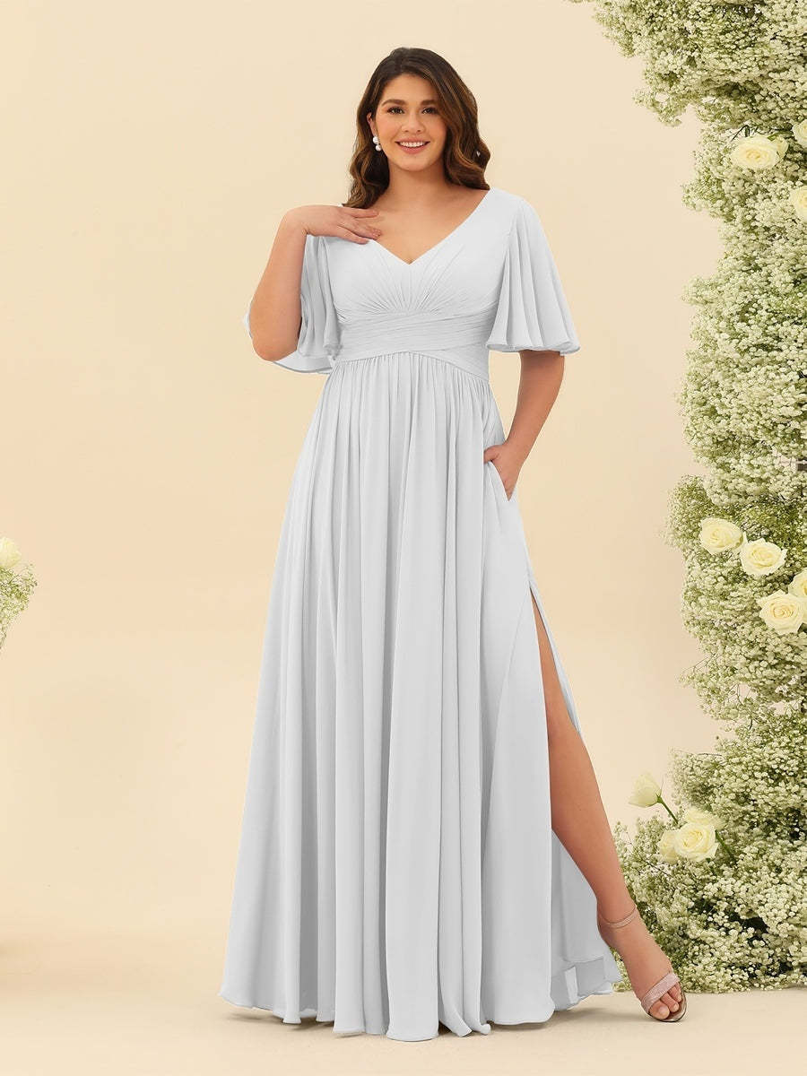 Plus Size Chiffon Bridesmaid Dress with V-Neck and Side Split in A-Line Cut