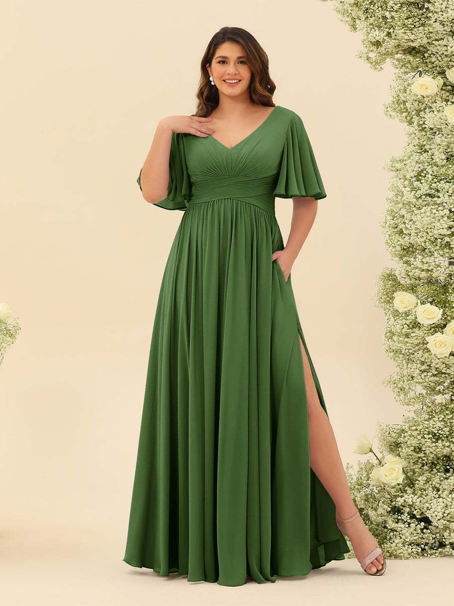 Plus Size Chiffon Bridesmaid Dress with V-Neck and Side Split in A-Line Cut