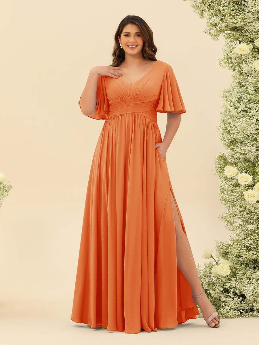 Plus Size Chiffon Bridesmaid Dress with V-Neck and Side Split in A-Line Cut