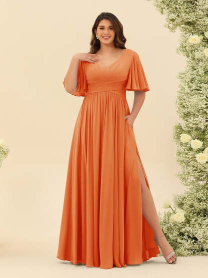 Plus Size Chiffon Bridesmaid Dress with V-Neck and Side Split in A-Line Cut
