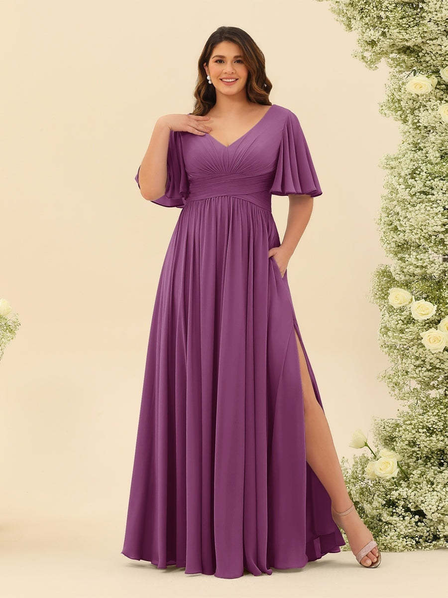 Plus Size Chiffon Bridesmaid Dress with V-Neck and Side Split in A-Line Cut