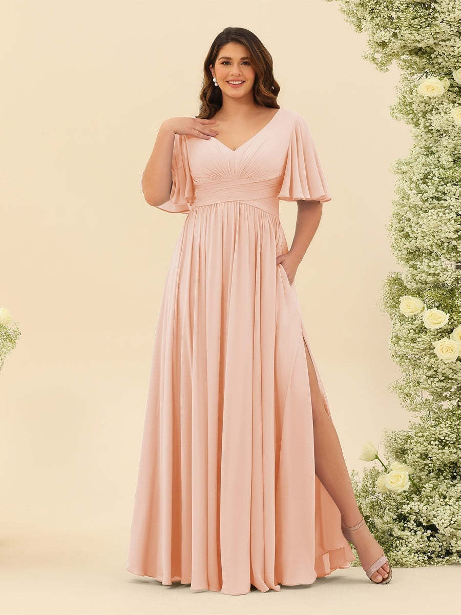 Plus Size Chiffon Bridesmaid Dress with V-Neck and Side Split in A-Line Cut