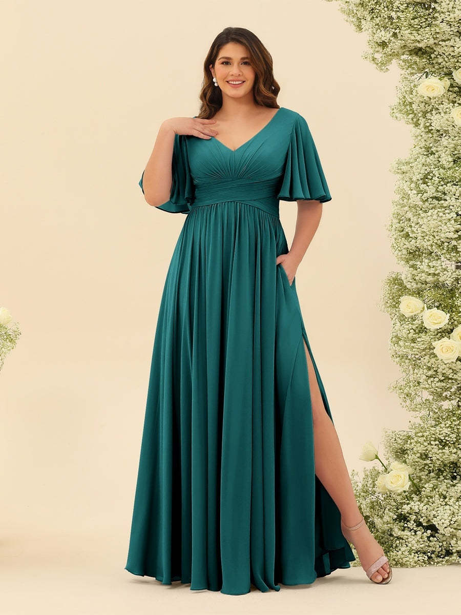 Plus Size Chiffon Bridesmaid Dress with V-Neck and Side Split in A-Line Cut