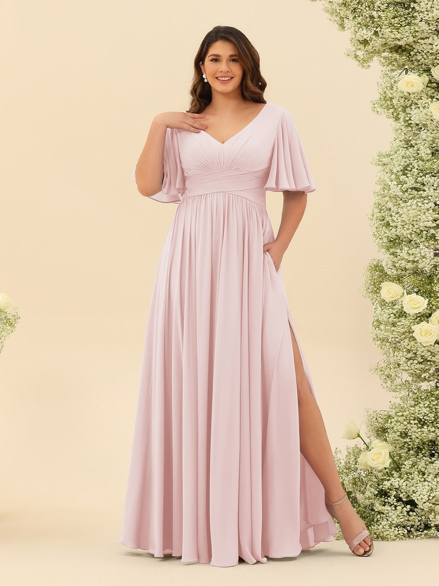 Plus Size Chiffon Bridesmaid Dress with V-Neck and Side Split in A-Line Cut