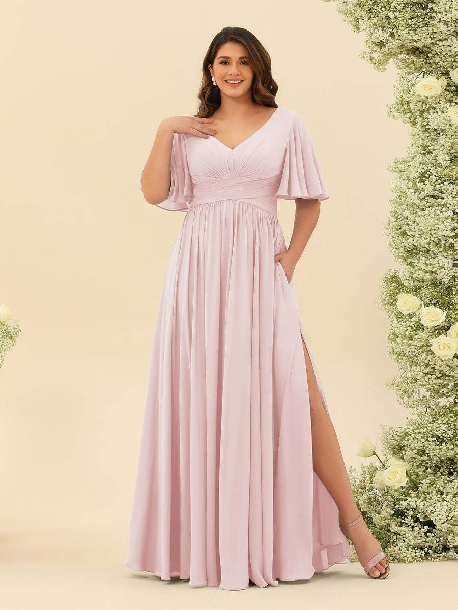 Plus Size Chiffon Bridesmaid Dress with V-Neck and Side Split in A-Line Cut
