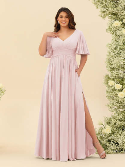 Plus Size Chiffon Bridesmaid Dress with V-Neck and Side Split in A-Line Cut
