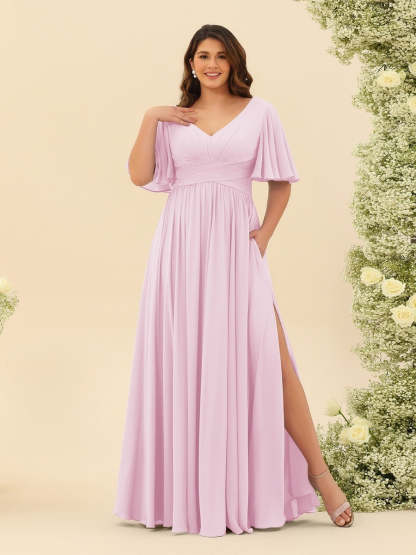 Plus Size Chiffon Bridesmaid Dress with V-Neck and Side Split in A-Line Cut