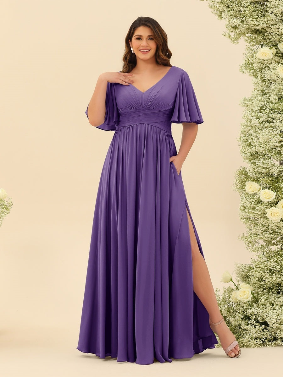 Plus Size Chiffon Bridesmaid Dress with V-Neck and Side Split in A-Line Cut