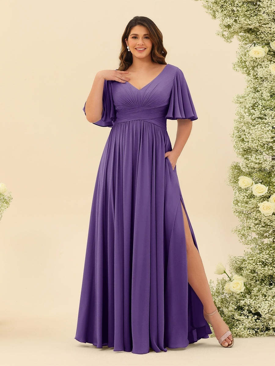 Plus Size Chiffon Bridesmaid Dress with V-Neck and Side Split in A-Line Cut