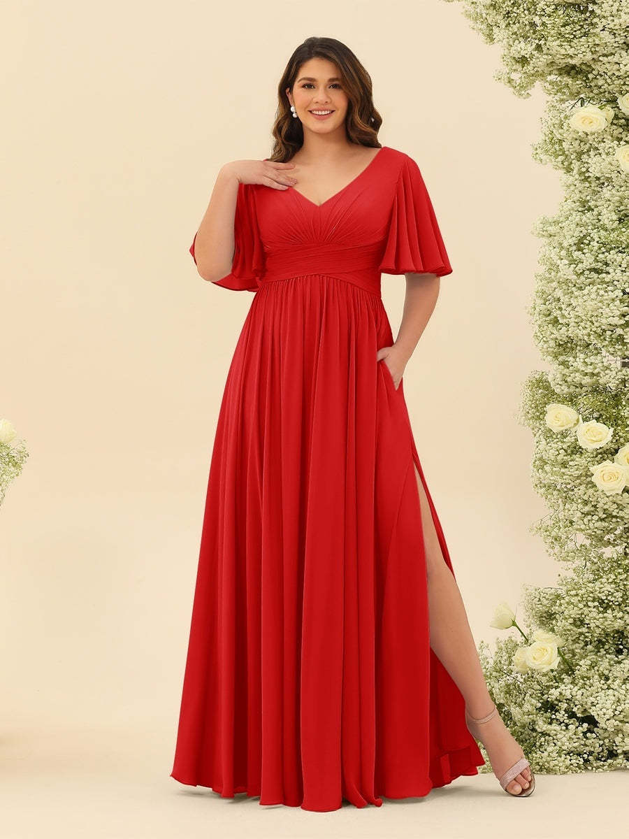 Plus Size Chiffon Bridesmaid Dress with V-Neck and Side Split in A-Line Cut