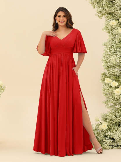 Plus Size Chiffon Bridesmaid Dress with V-Neck and Side Split in A-Line Cut
