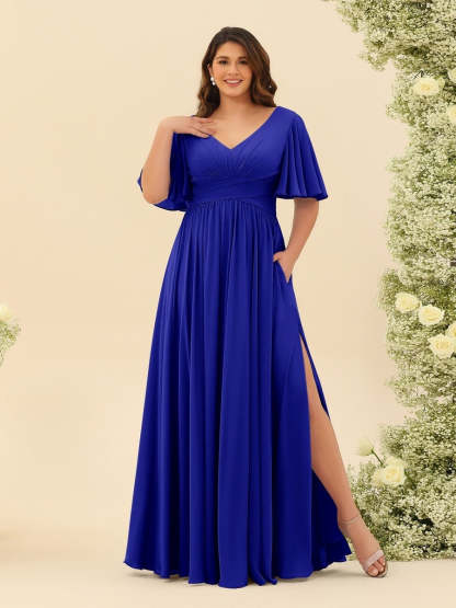 Plus Size Chiffon Bridesmaid Dress with V-Neck and Side Split in A-Line Cut