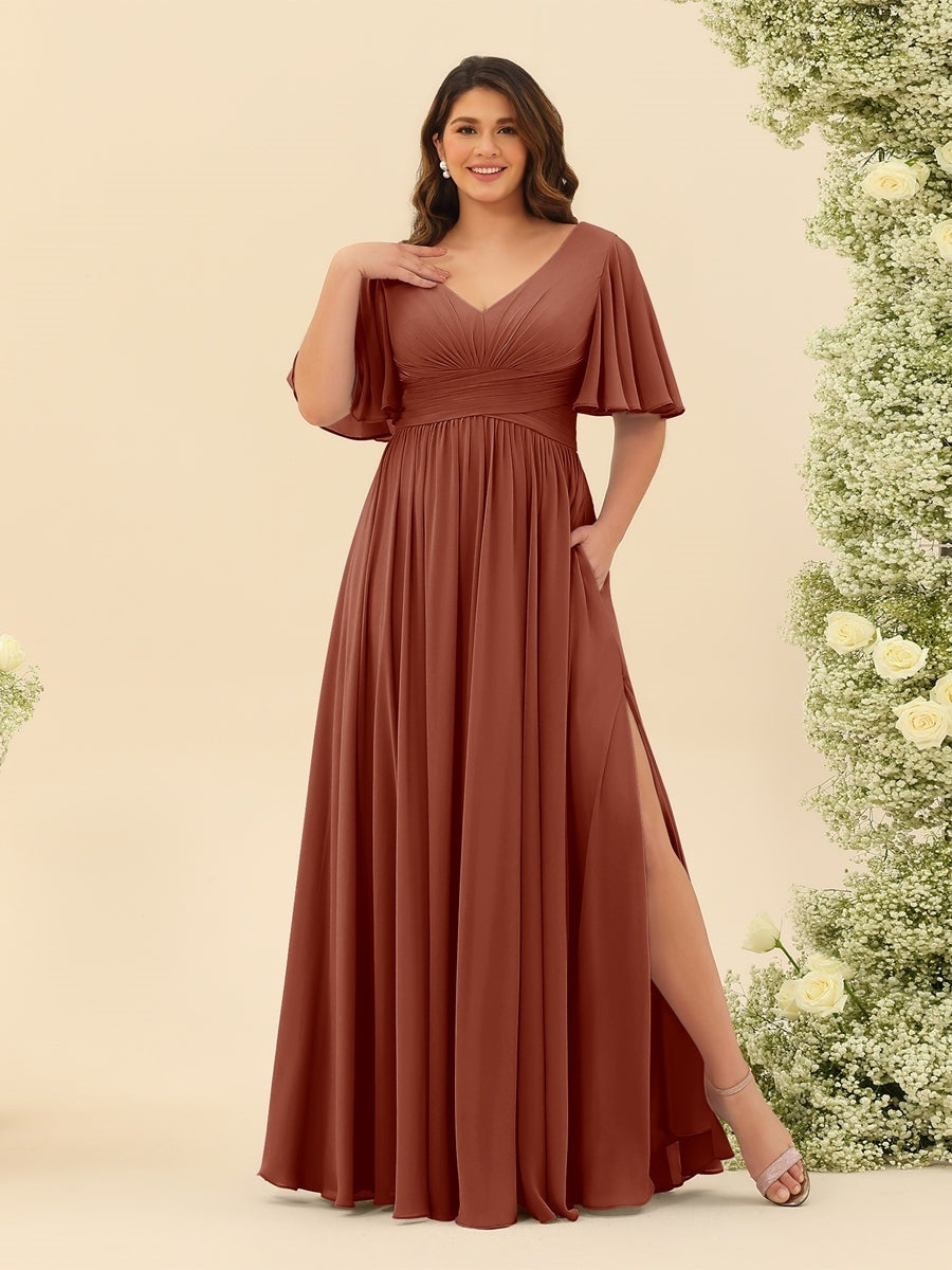 Plus Size Chiffon Bridesmaid Dress with V-Neck and Side Split in A-Line Cut