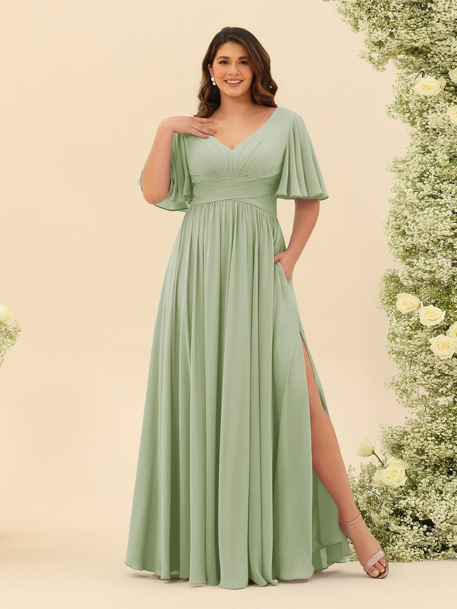 Plus Size Chiffon Bridesmaid Dress with V-Neck and Side Split in A-Line Cut