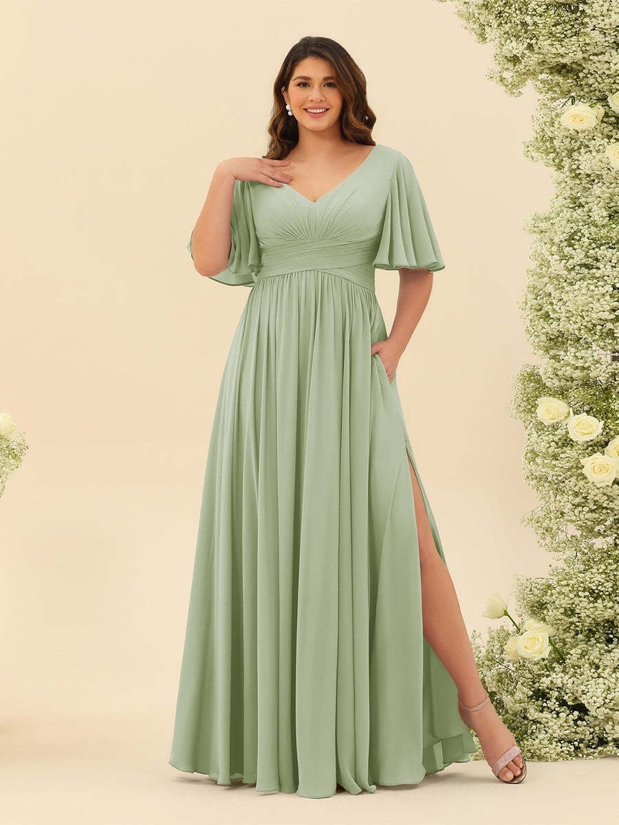 Plus Size Chiffon Bridesmaid Dress with V-Neck and Side Split in A-Line Cut