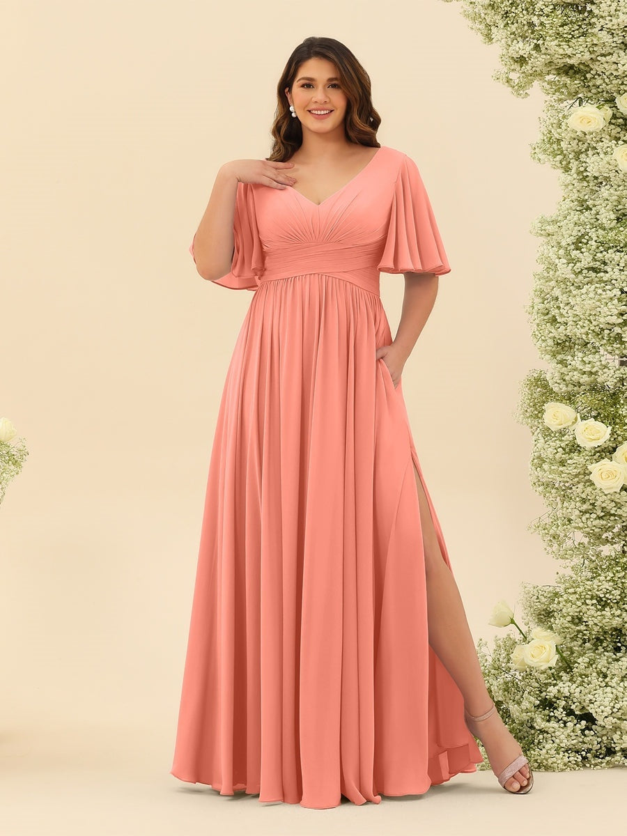 Plus Size Chiffon Bridesmaid Dress with V-Neck and Side Split in A-Line Cut