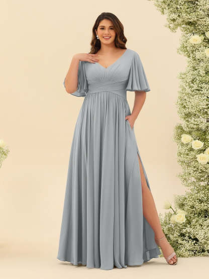 Plus Size Chiffon Bridesmaid Dress with V-Neck and Side Split in A-Line Cut