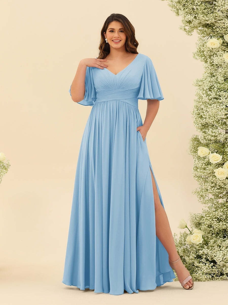 Plus Size Chiffon Bridesmaid Dress with V-Neck and Side Split in A-Line Cut
