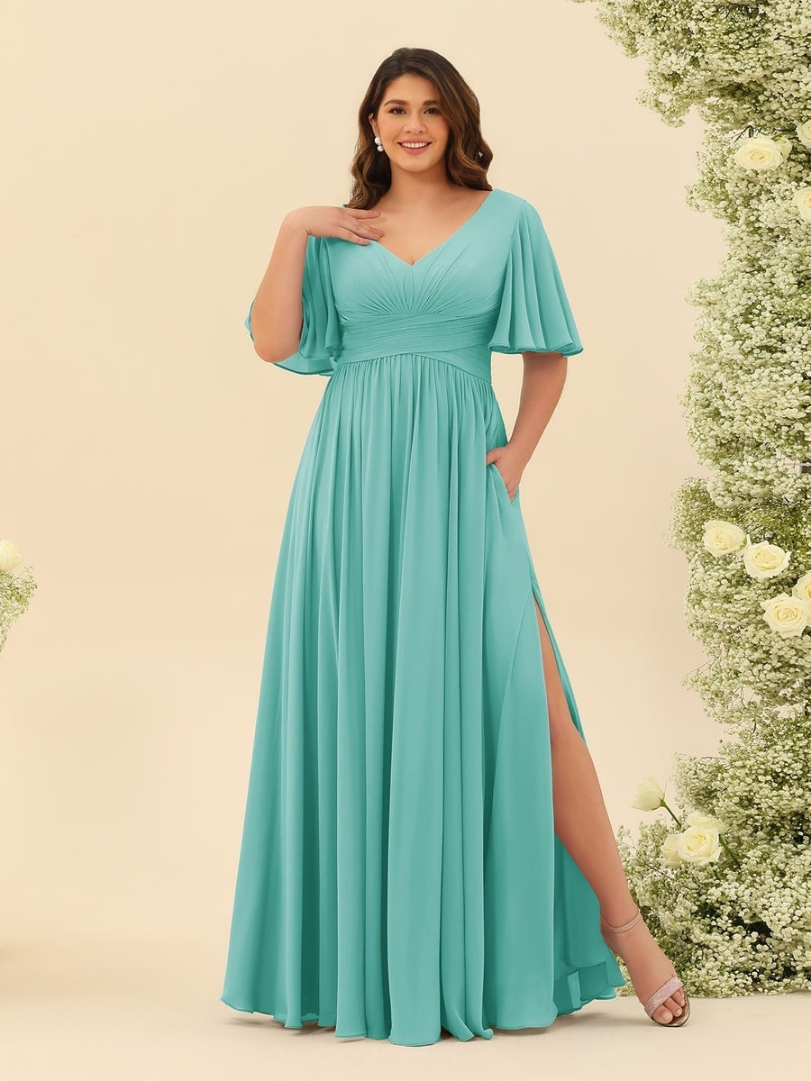 Plus Size Chiffon Bridesmaid Dress with V-Neck and Side Split in A-Line Cut