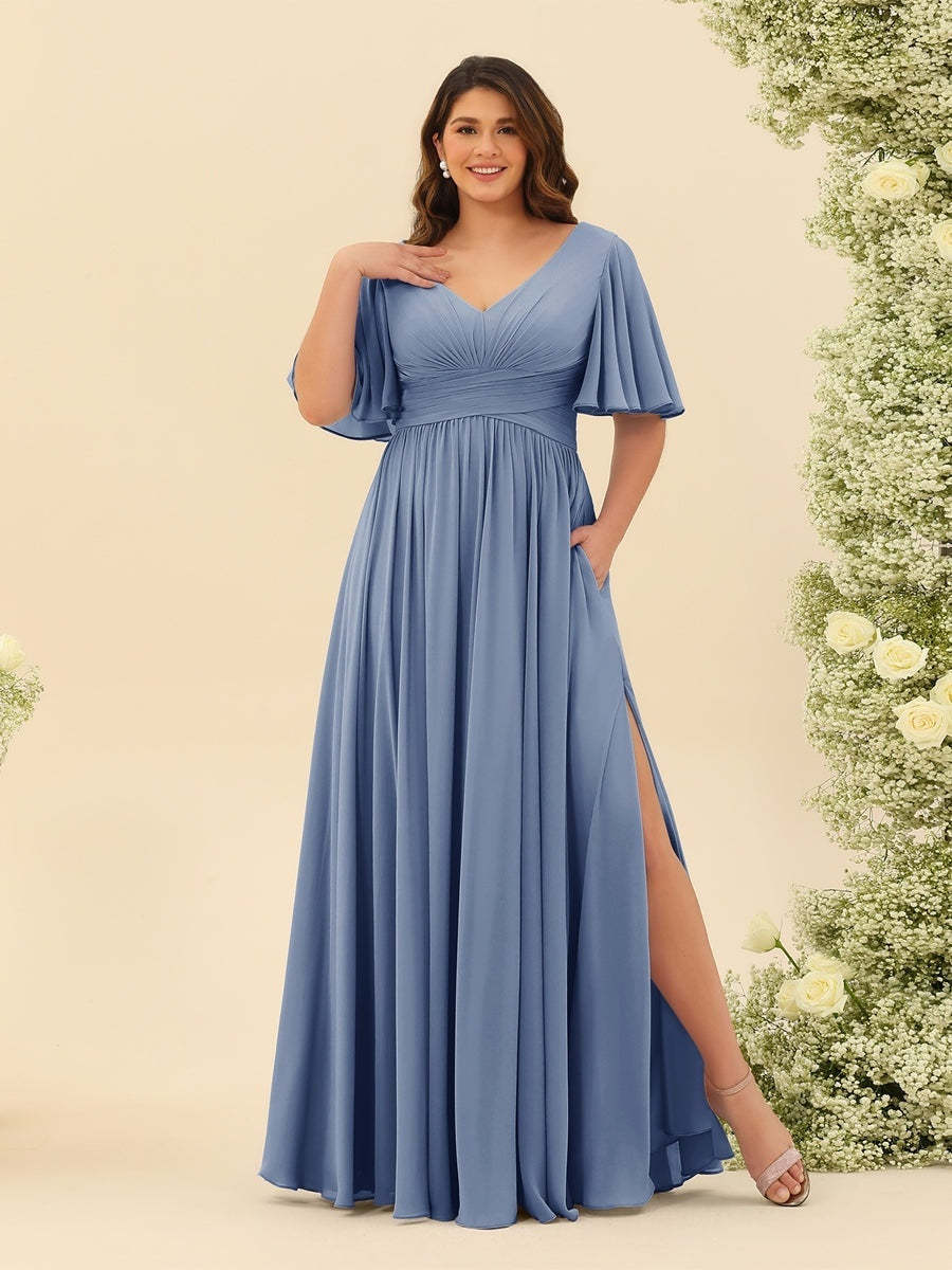Plus Size Chiffon Bridesmaid Dress with V-Neck and Side Split in A-Line Cut