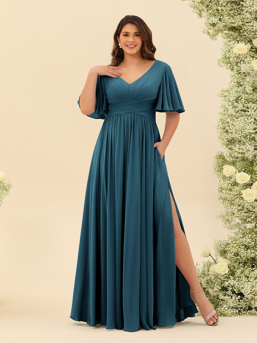 Plus Size Chiffon Bridesmaid Dress with V-Neck and Side Split in A-Line Cut
