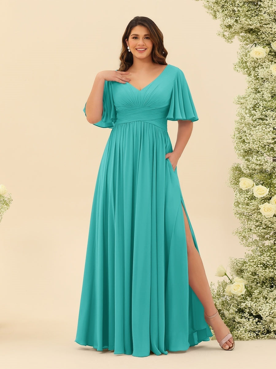 Plus Size Chiffon Bridesmaid Dress with V-Neck and Side Split in A-Line Cut