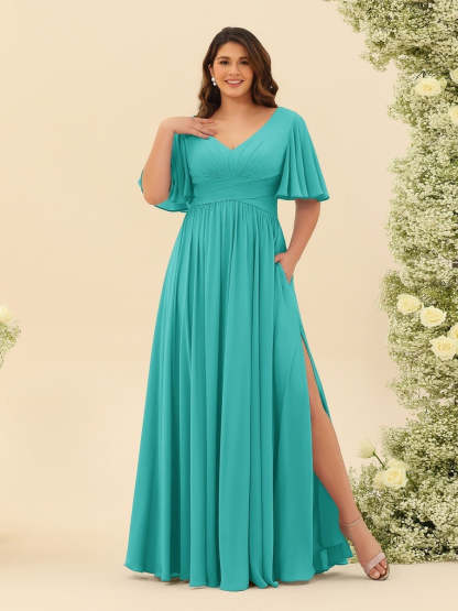 Plus Size Chiffon Bridesmaid Dress with V-Neck and Side Split in A-Line Cut