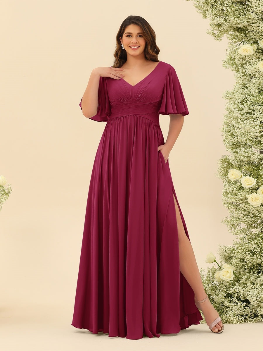 Plus Size Chiffon Bridesmaid Dress with V-Neck and Side Split in A-Line Cut