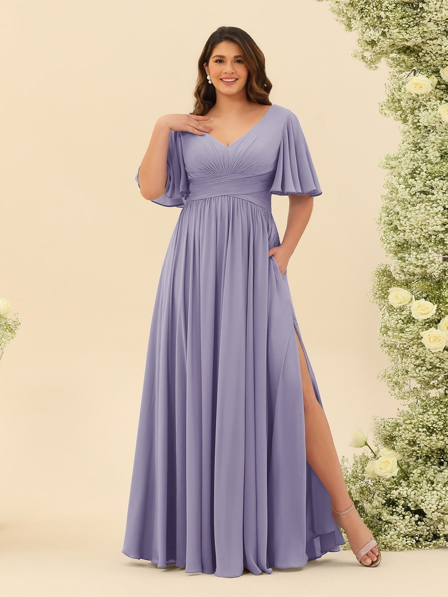 Plus Size Chiffon Bridesmaid Dress with V-Neck and Side Split in A-Line Cut