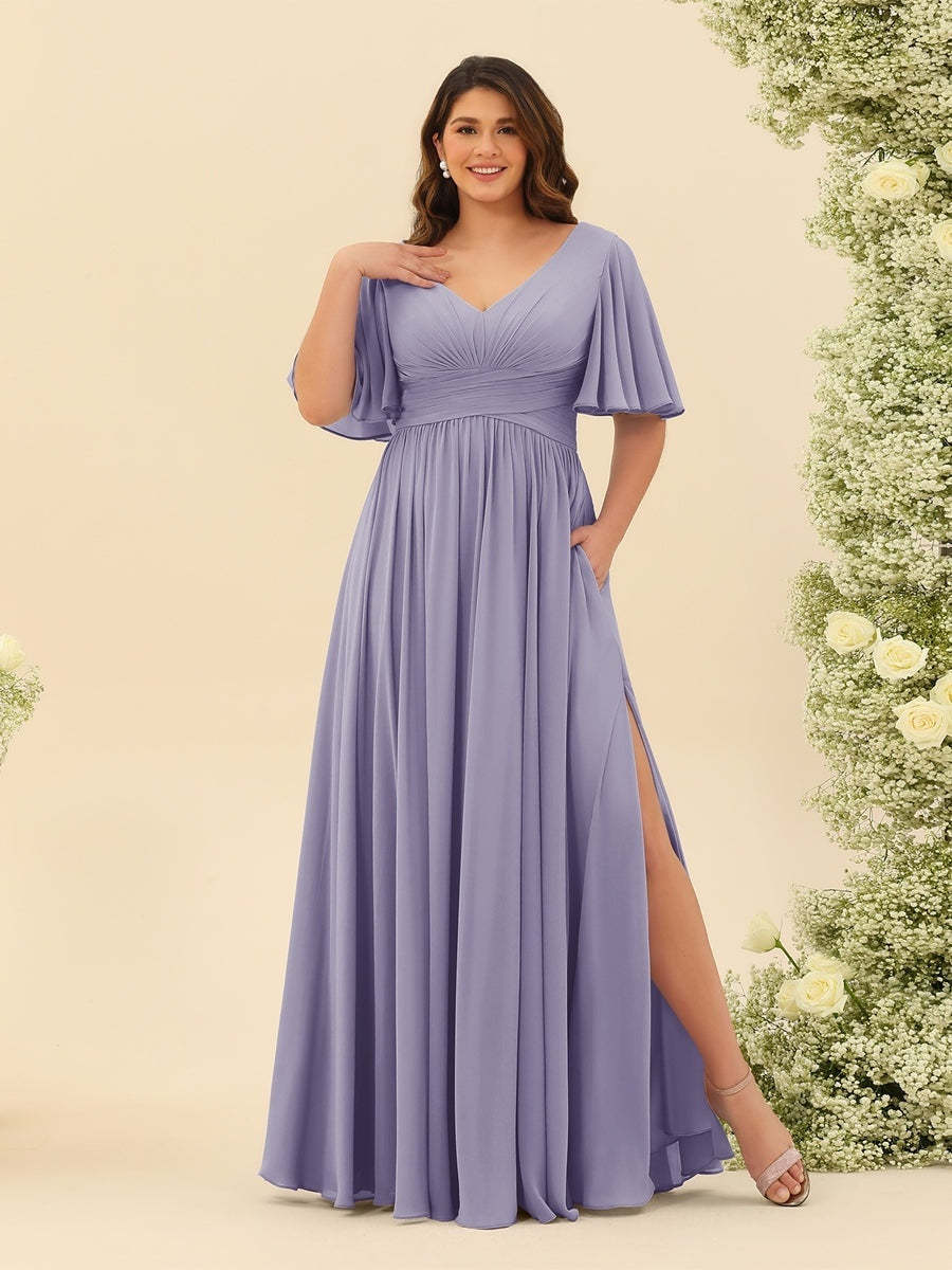 Plus Size Chiffon Bridesmaid Dress with V-Neck and Side Split in A-Line Cut